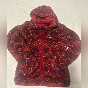 Patagonia red blue teddy fleece jacket lined hooded medium